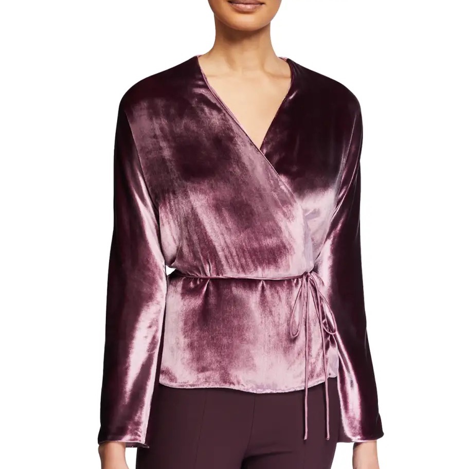 Vince Panne Velvet Wrap Top Violet Small $345 Surplice Silk Blend Tie Waist
